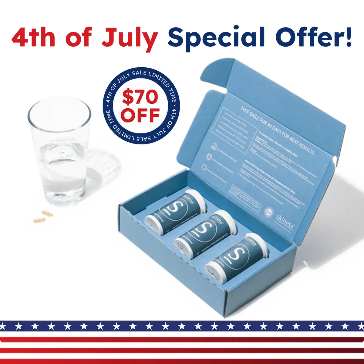 Blue box with three cylindrical containers, a glass of water, and '4th of July Special Offer' text on a white background.