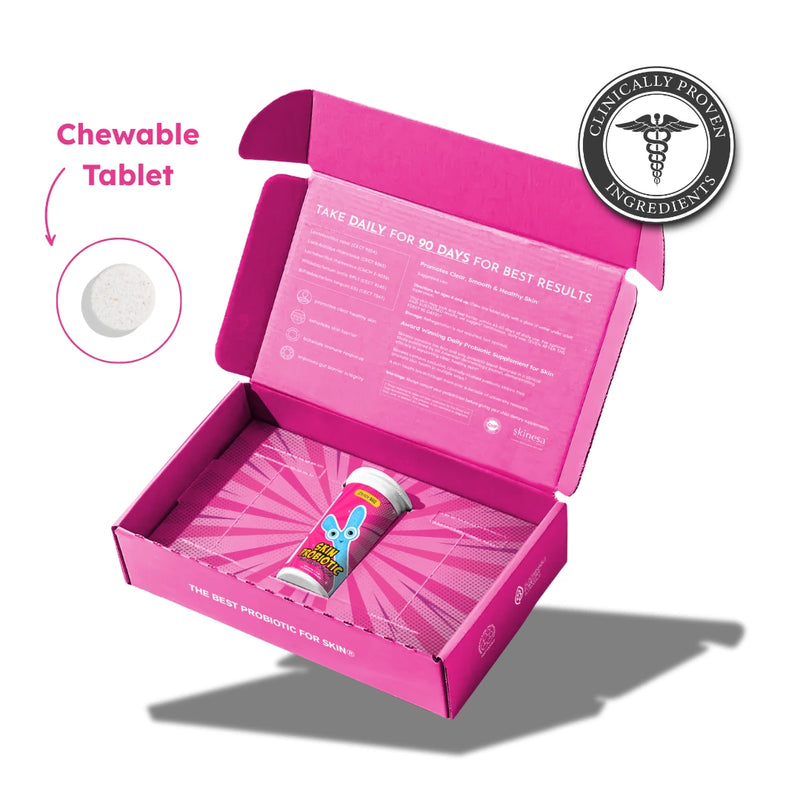 Skinesa Kids bottle and packaging with a chewable tablet and clinically proven ingredients ingredients badge