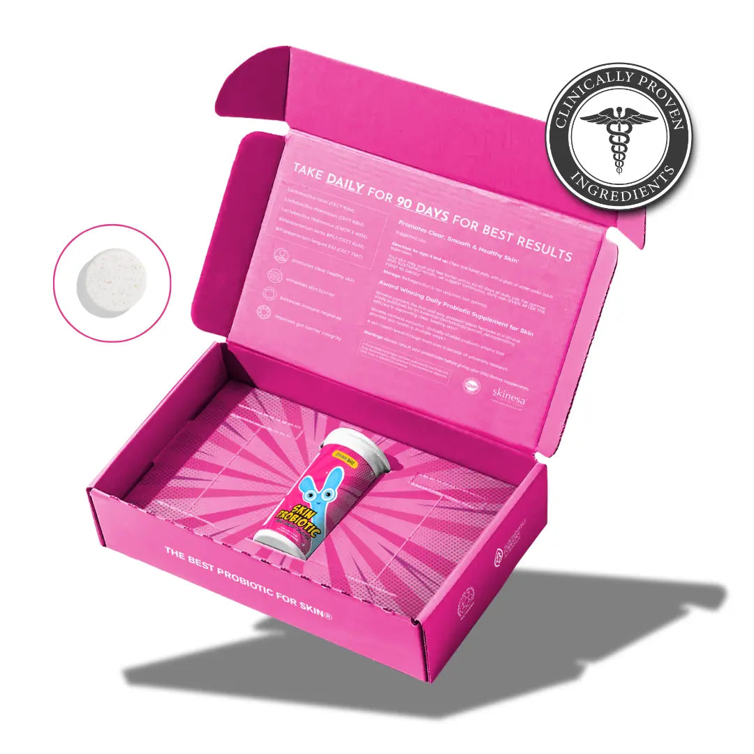 Skinesa Kids bottle and packaging with a chewable tablet and clinically proven ingredients ingredients badge