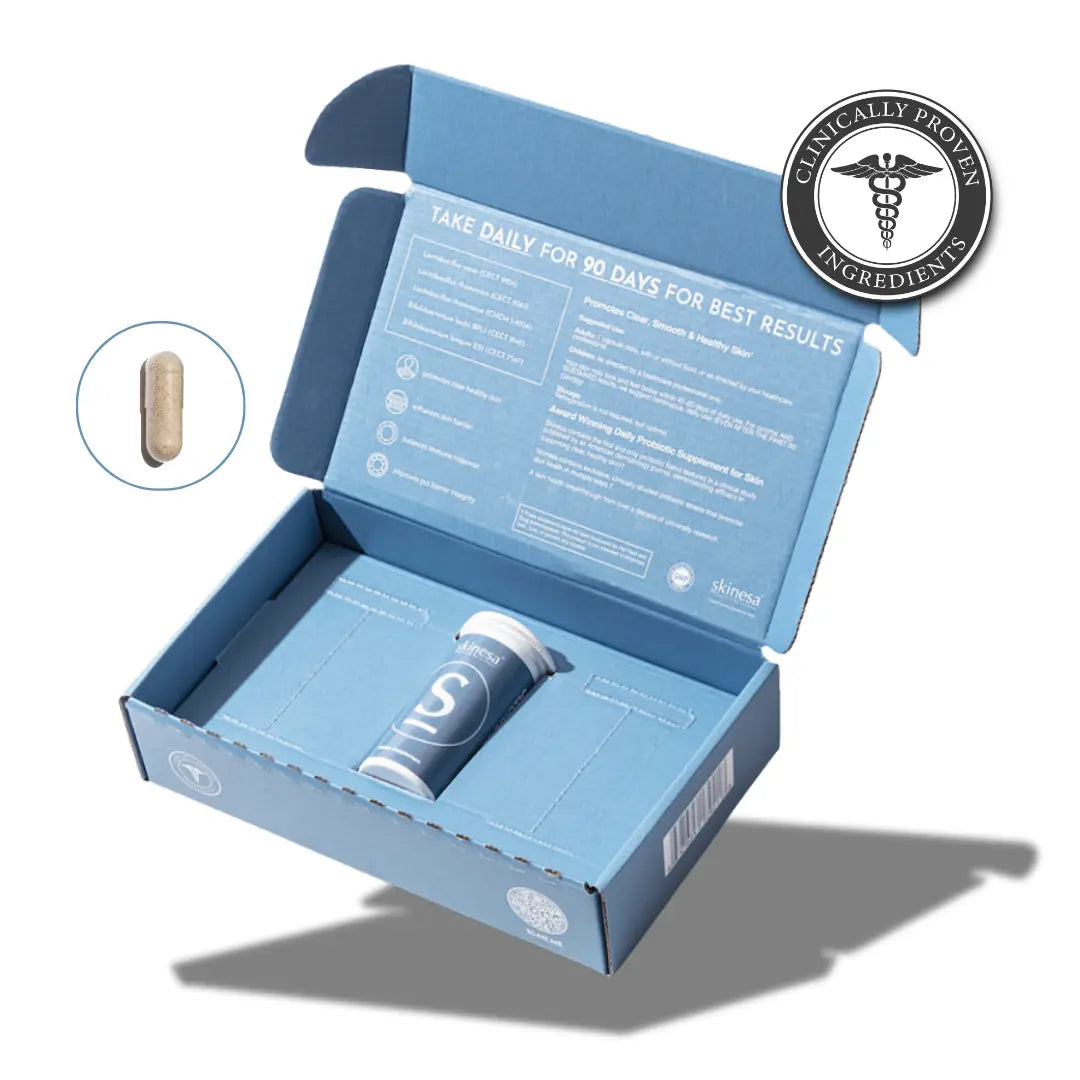 Skinesa blue packaging box with a supplement capsule and 'Clinically Proven' label on a white background