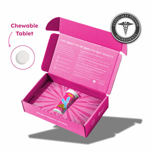 Skinesa Kids bottle and packaging with a chewable tablet and clinically proven ingredients ingredients badge