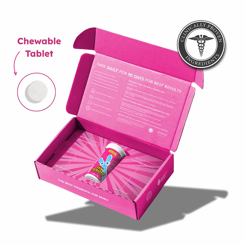 Skinesa Kids bottle and packaging with a chewable tablet and clinically proven ingredients ingredients badge