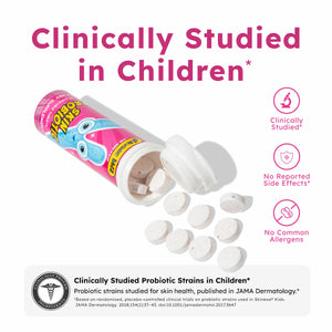 Skin Probiotic supplement for children with clinical study information on a white background
